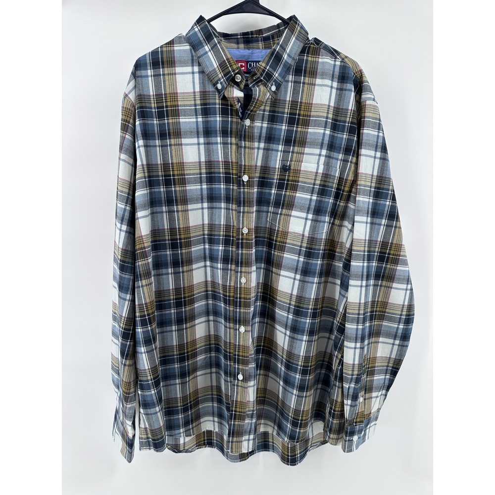 Chaps Mens XXL Blue Tan Plaid Stretch Long Sleeve Button Down Shirt Preppy